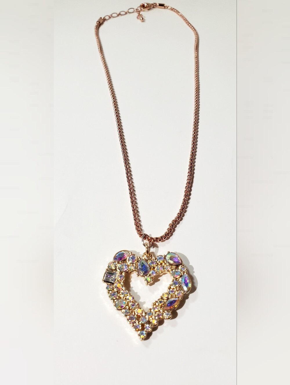 Rose Gold Heart Pendant Necklace with Iridescent Stones